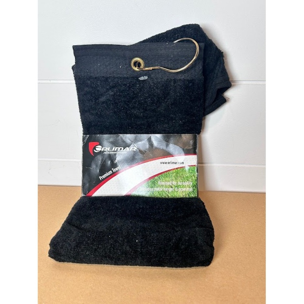Orlimar Premium Golf Towel Black Cotton Terry with Metal Hanger and Grommet